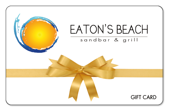 Eatons Beach logo on a white background with a yellow ribbon and bow.